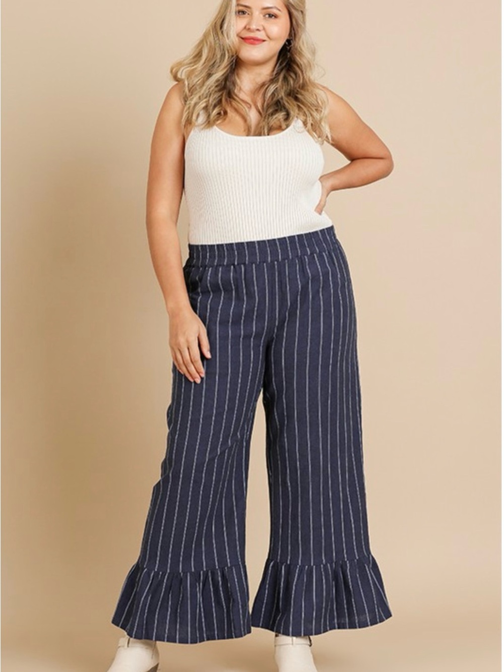 Umgee Navy Pinstripe Ruffle-Hem Cropped Wide Leg Pants Cotton Linen Blend L